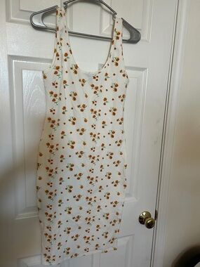 Forever 21 White Midi Dress with Orange Floral Print and Green Accents